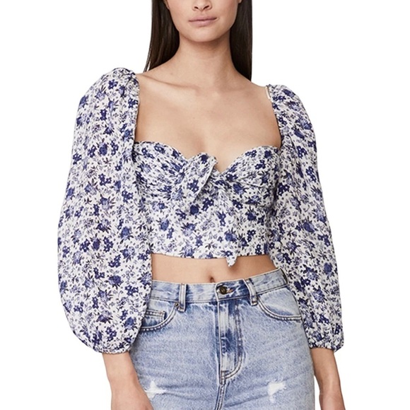 NWT BARDOT Blue Floral Long Sleeve Crop Top XL - Picture 2 of 8